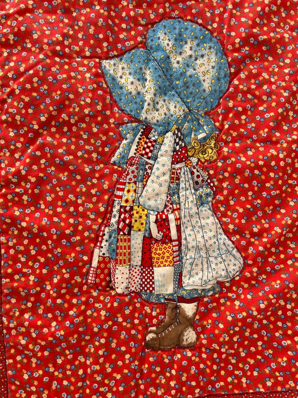 handmade vintage 1970s Holly Hobbie quilted blanket bedspread cover